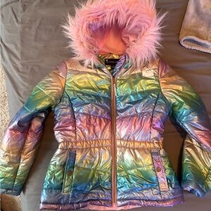 Rothschild Rainbow Puffer Jacket with Pink Fur Hood